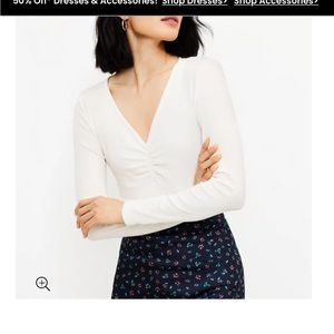 Loft, long sleeve v-neck ribbed tee. Size small, winter white. NWT